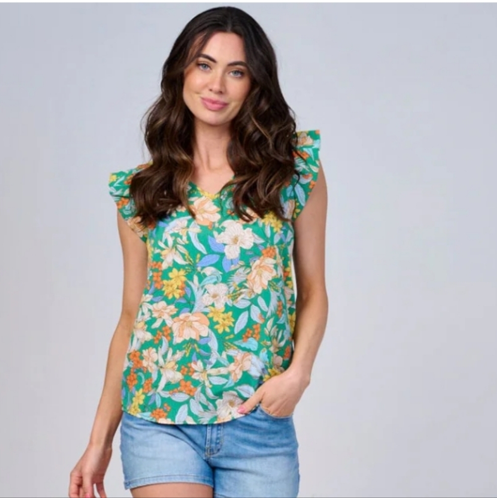 33 Green Floral Ruffle Tank top